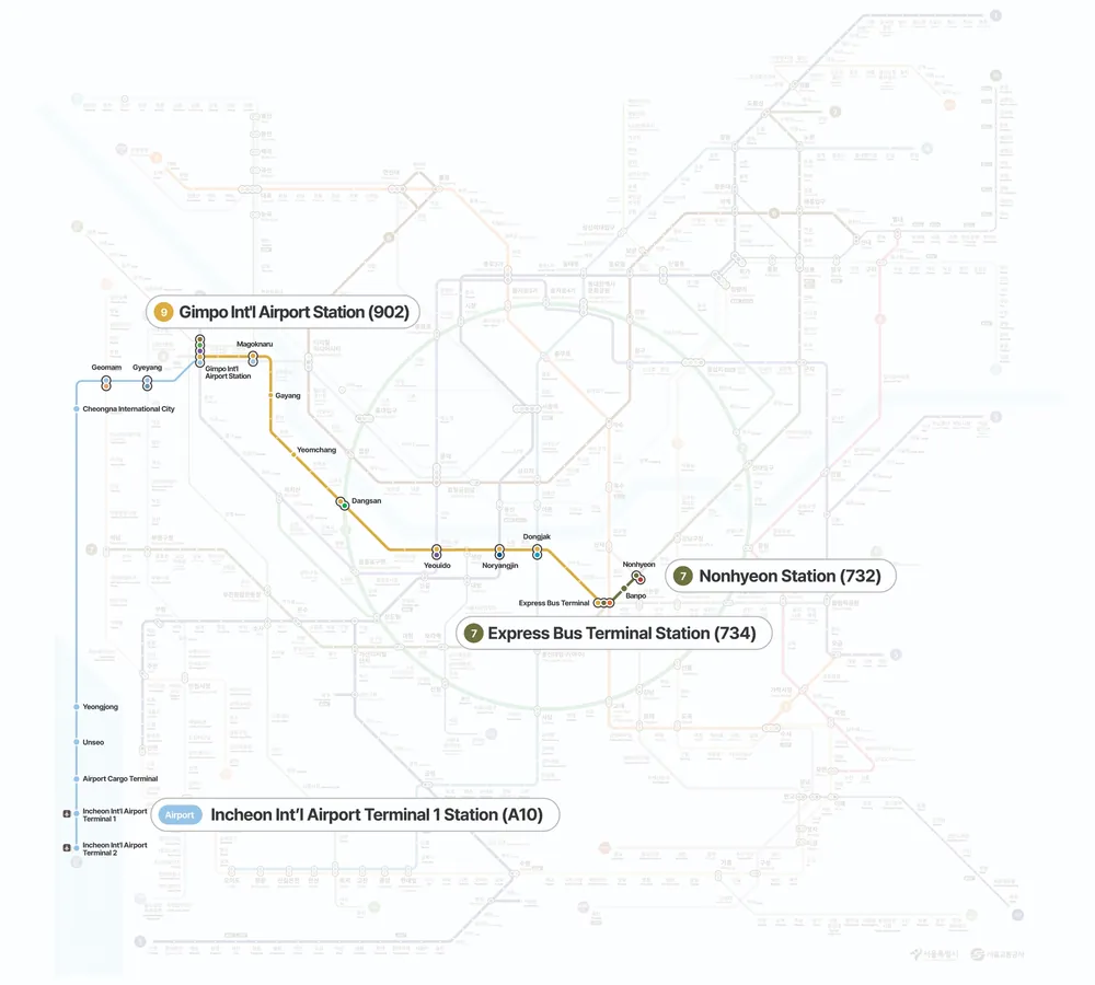 Subway route map from Incheon Airport to Nonhyeon Station